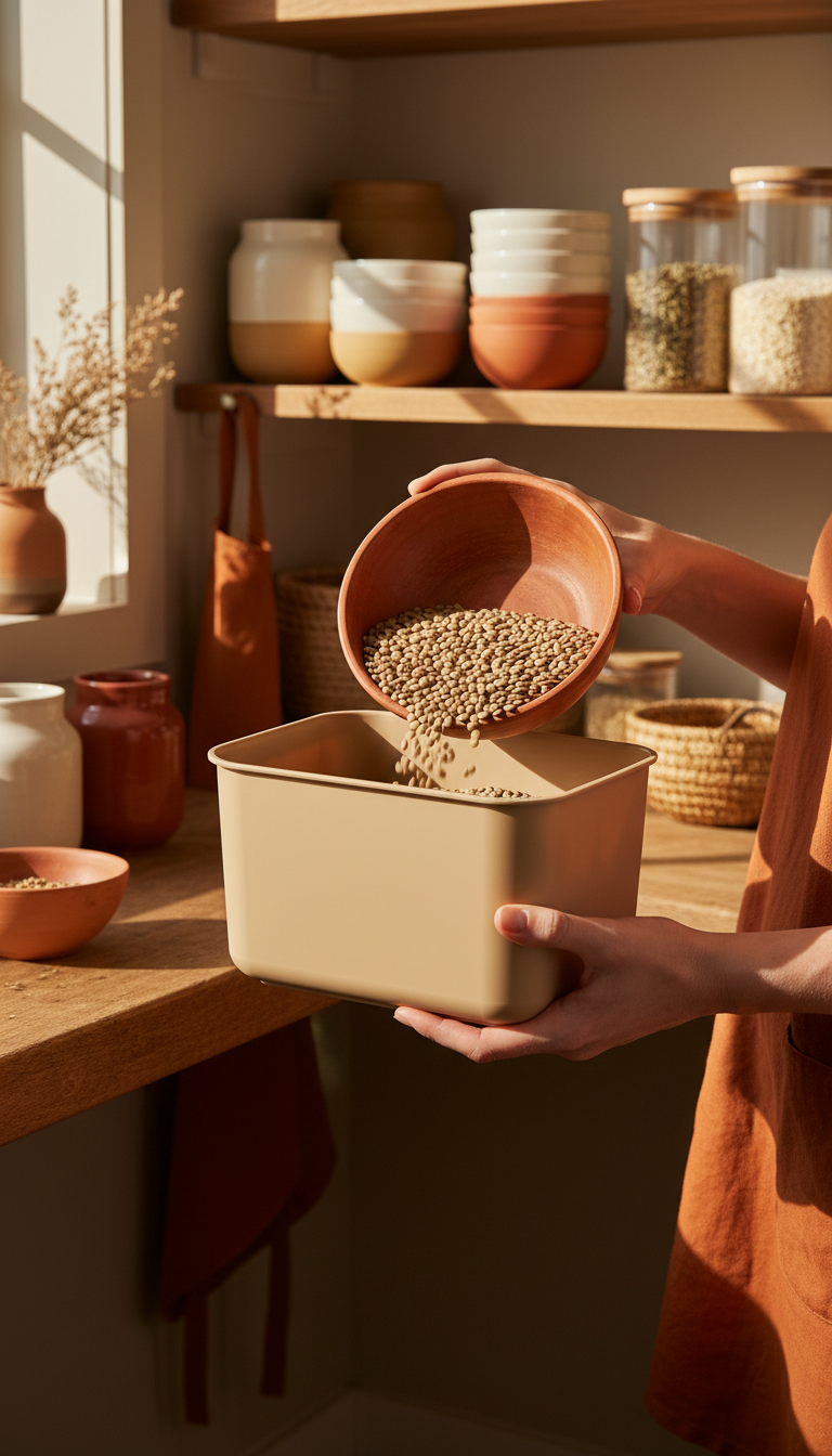 Tan Plastic Food Storage Container in use