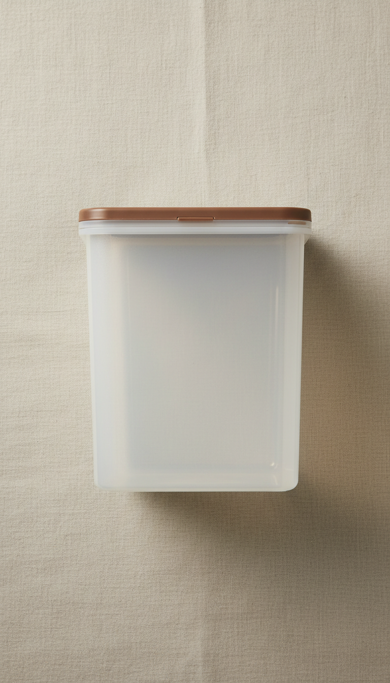 PackWise Medium Stackable Container, Default angle: 3/4 view at table height to hero the container’s form and materiality...